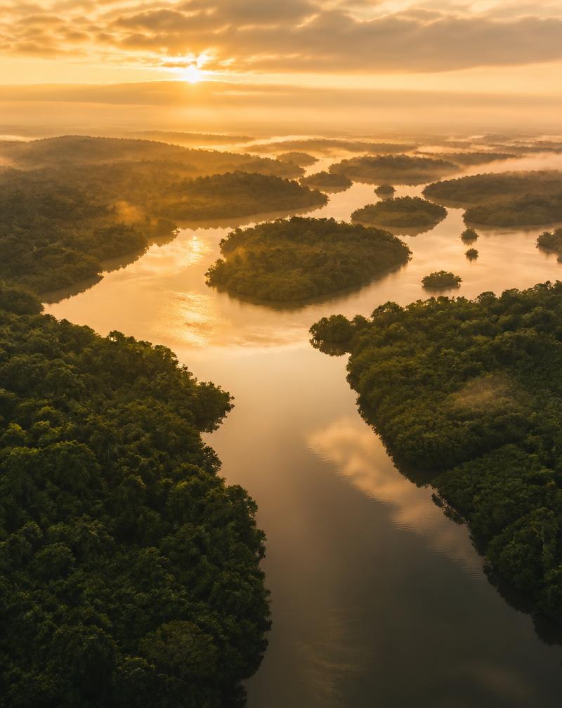 Aerial view of the Niger Delta waterways at golden hour